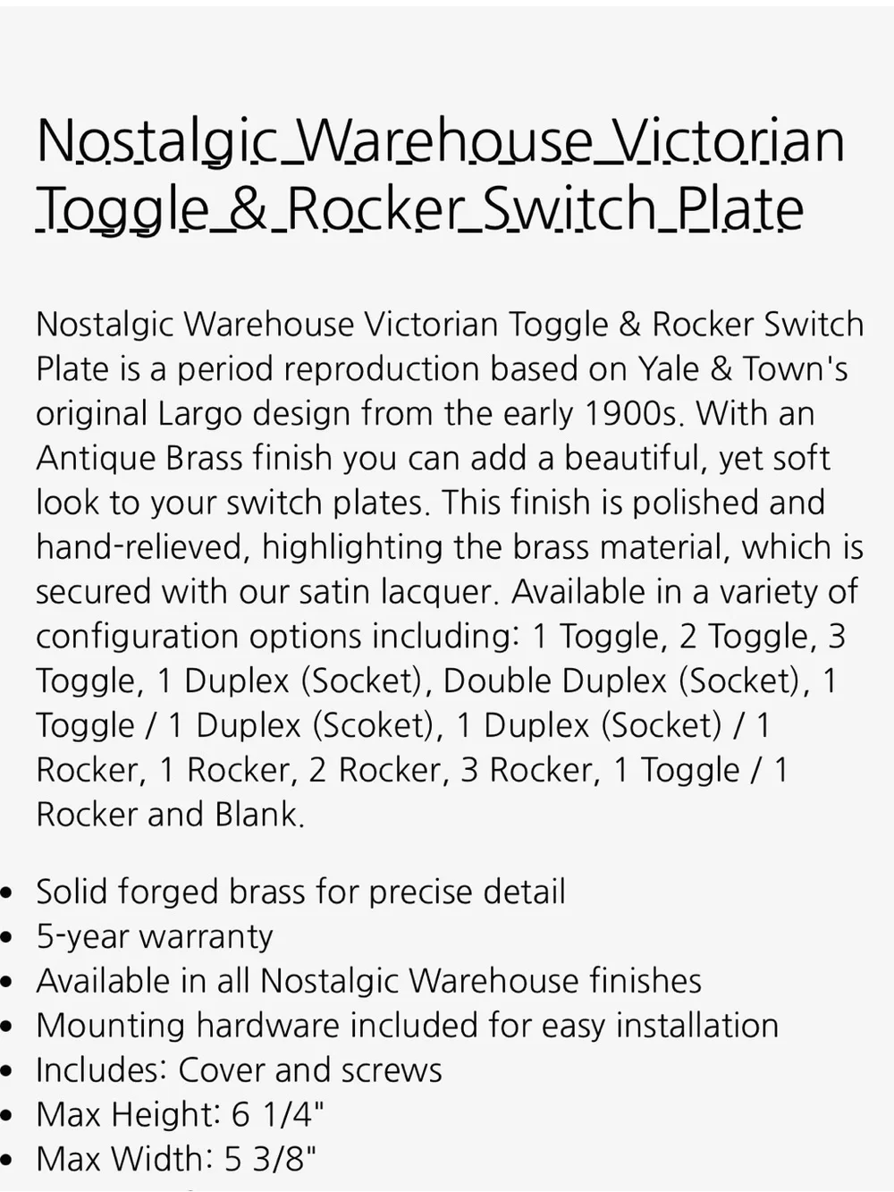 NOSTALGIC WAREHOUSE Victorian Toggle & Rocker Switch Plate Antique Brass
